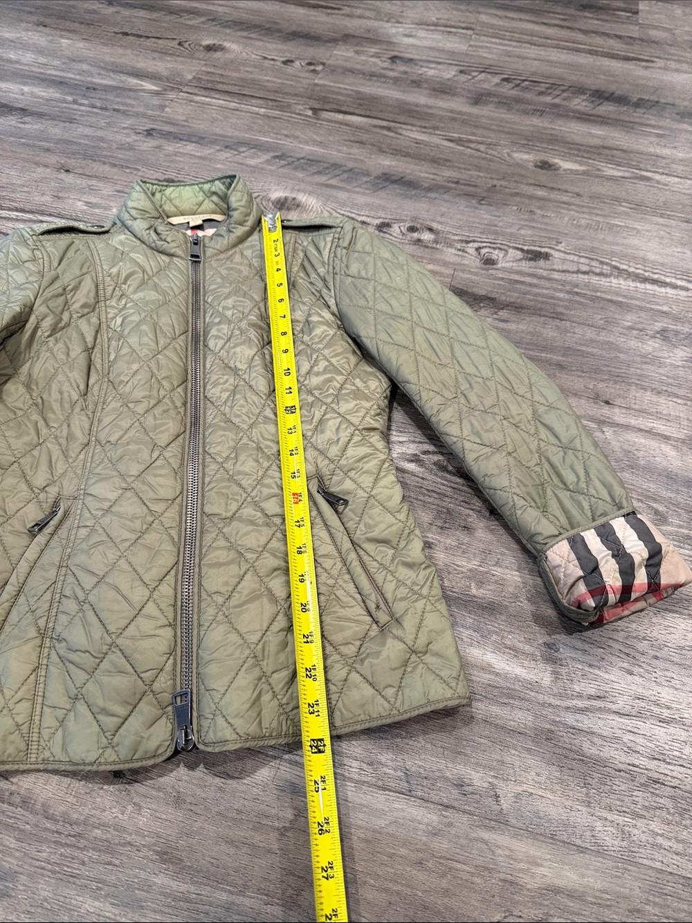 Burberry Brit Olive Green Quilted Jacket Nova Check Lining Women’s Size S - Picture 14 of 16